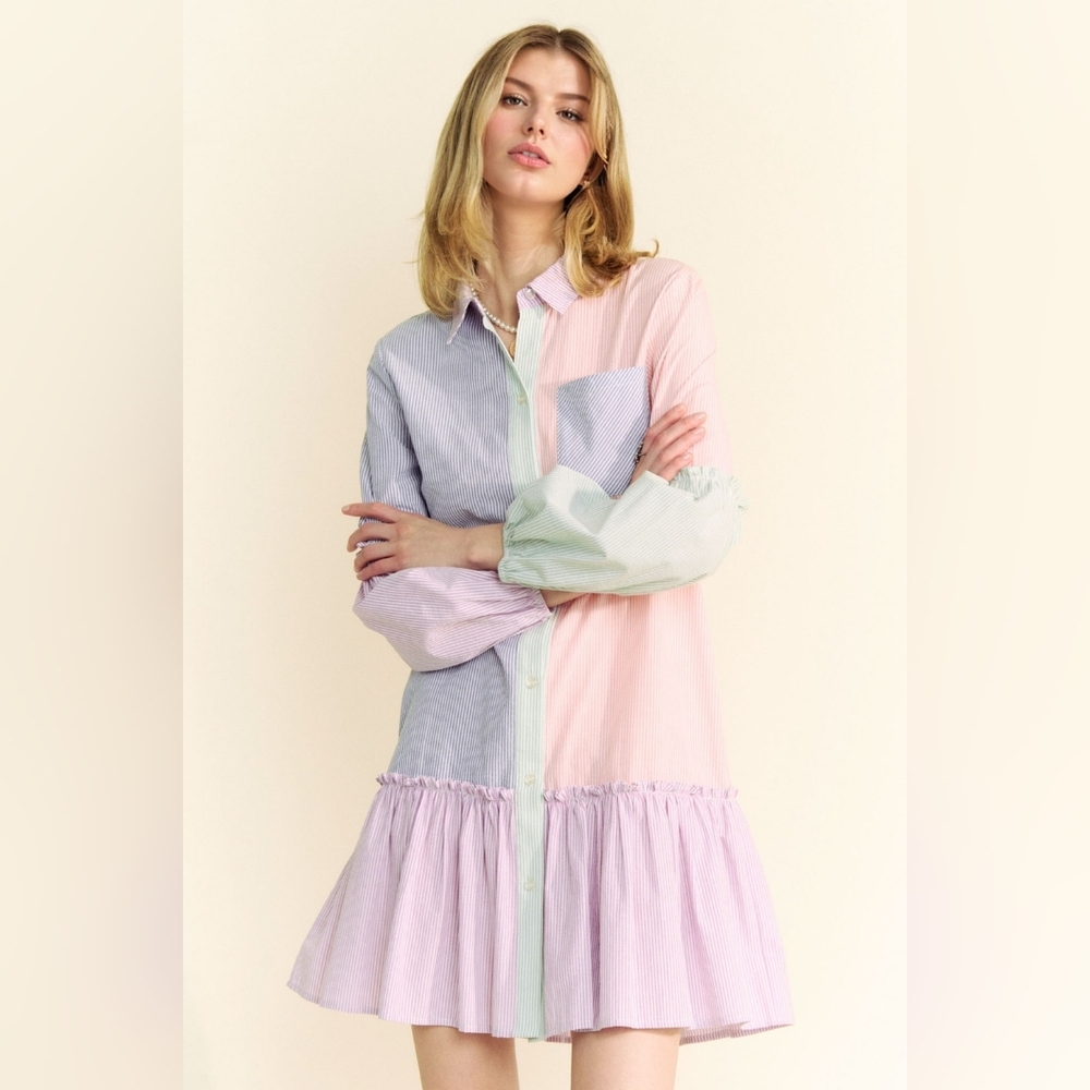 ​Davi & Dani Pastel Colorblock Striped Puff Sleeve Mini Shirt Dress